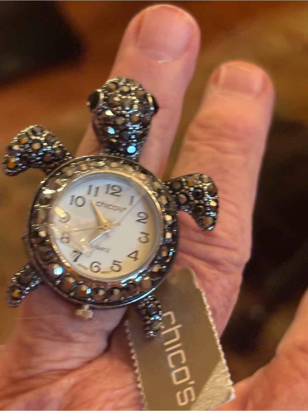 Chico's Gunmetal Turtle Ring Watch with Marcasite Accents
